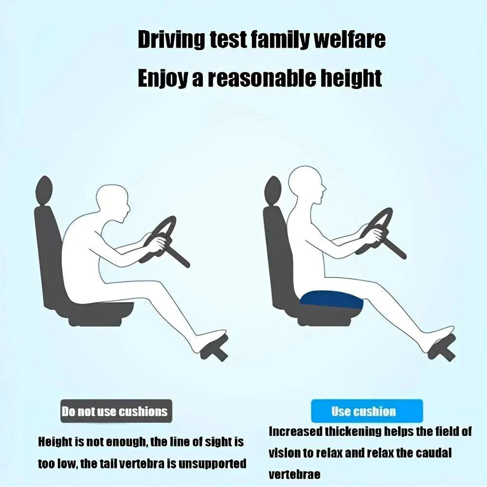 Illustration showing benefits of memory foam seat cushion for improved driving posture and comfort by increasing seat height and supporting tail vertebrae.