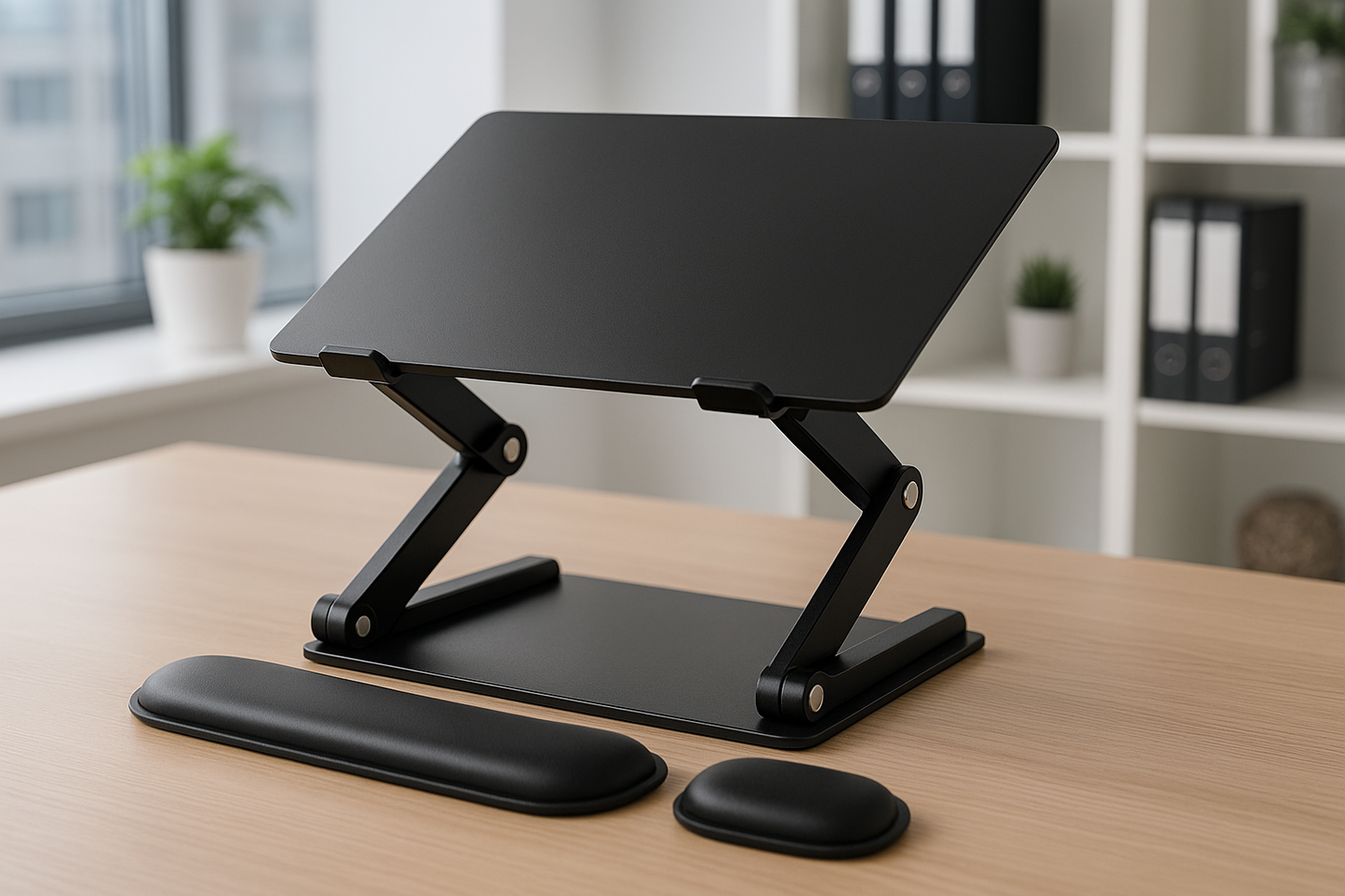 Black adjustable laptop stand on desk with ergonomic wrist rest set, realistic product photo, modern office background