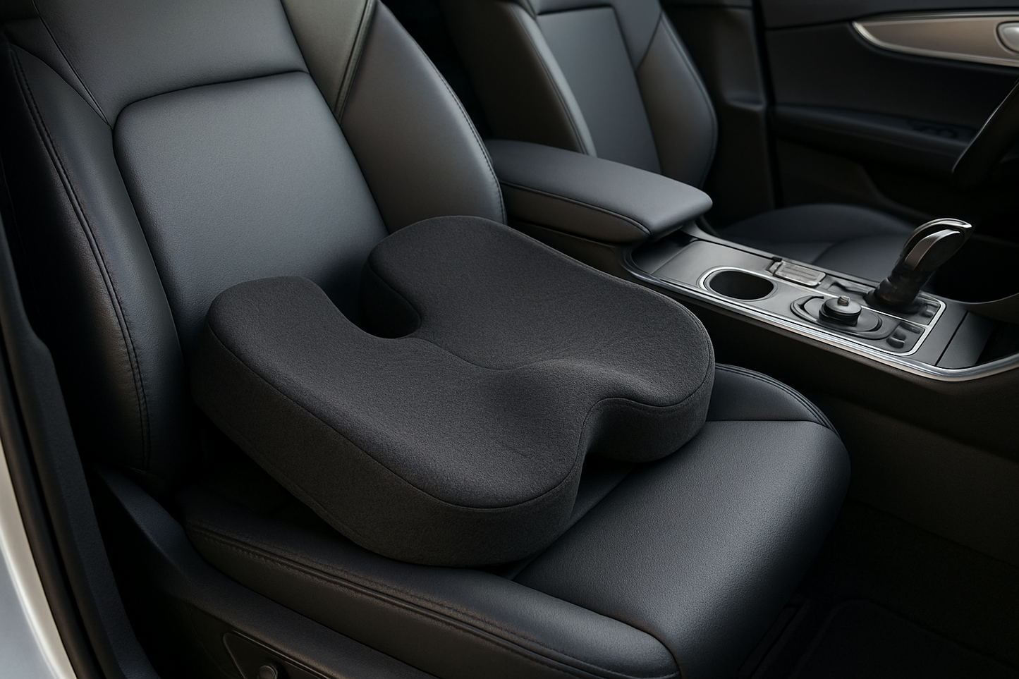Black ergonomic memory foam seat cushion on the driver’s seat of a modern car interior
