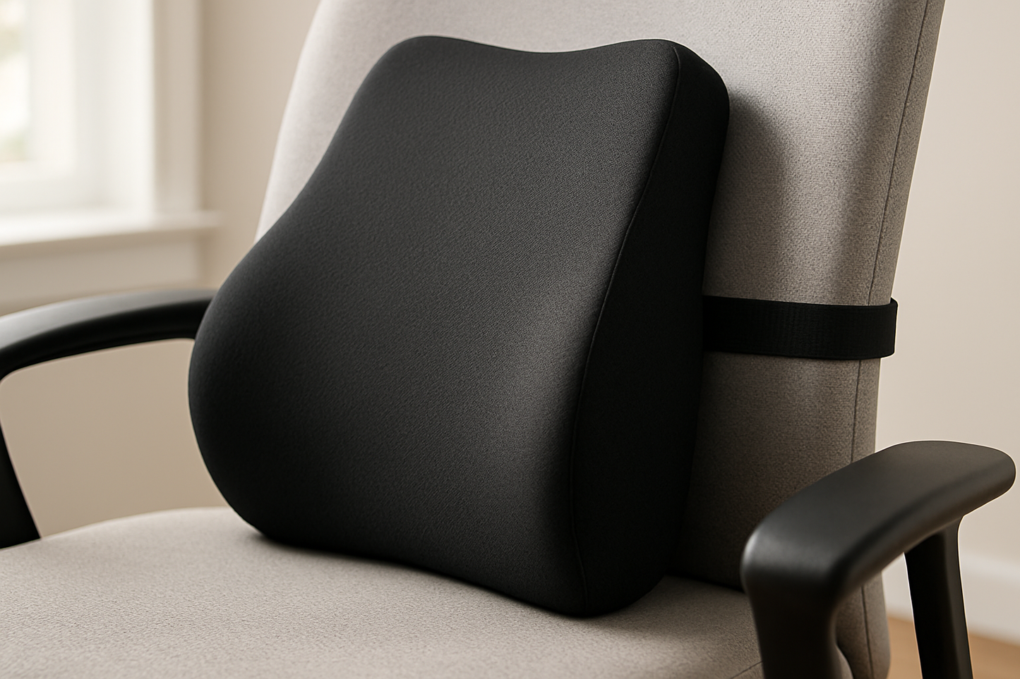 black memory foam lumbar cushion with strap attached to the seat backrest. Natural daylight, realistic detail, no text or logos.
