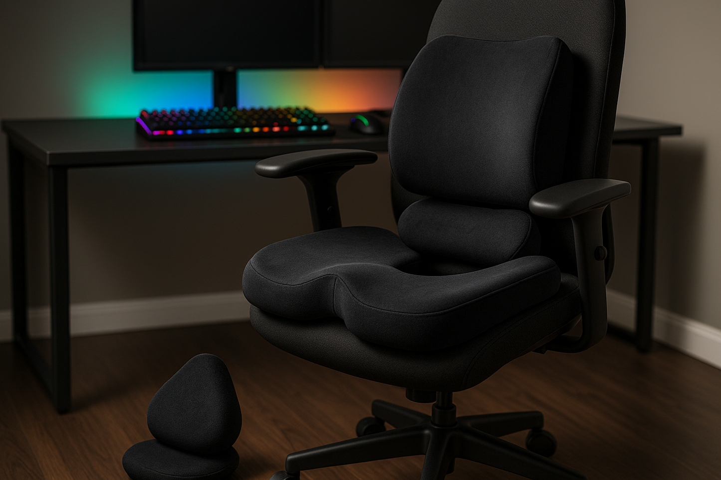 Black memory foam seat cushion on office chair with matching lumbar support pillow and small teardrop footrest, realistic product photo RGB desk setup, realistic photo