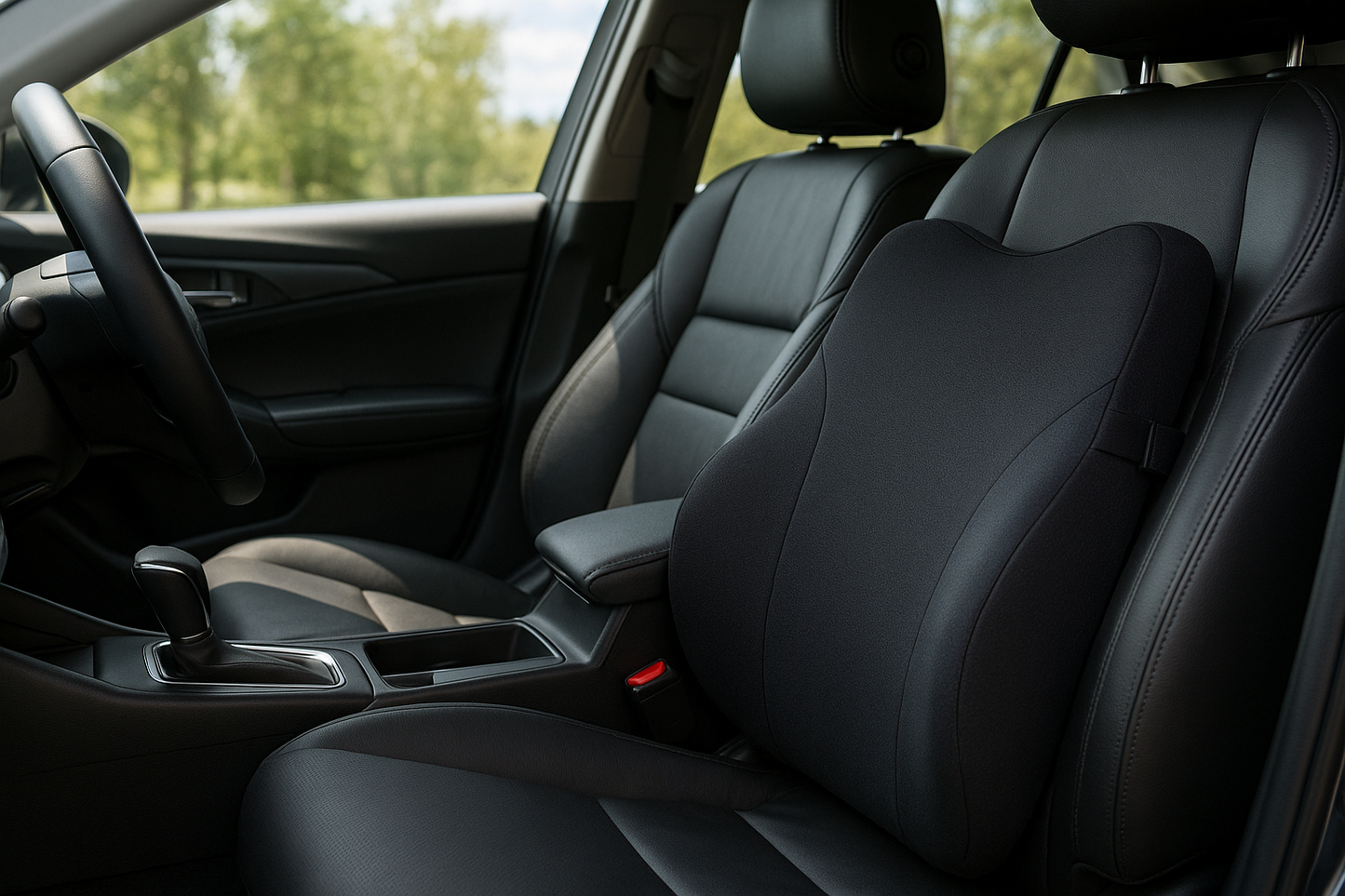 Interior of a modern car, black memory foam lumbar cushion with strap attached to the driver’s seat backrest. Natural daylight, realistic detail, no text or logos.