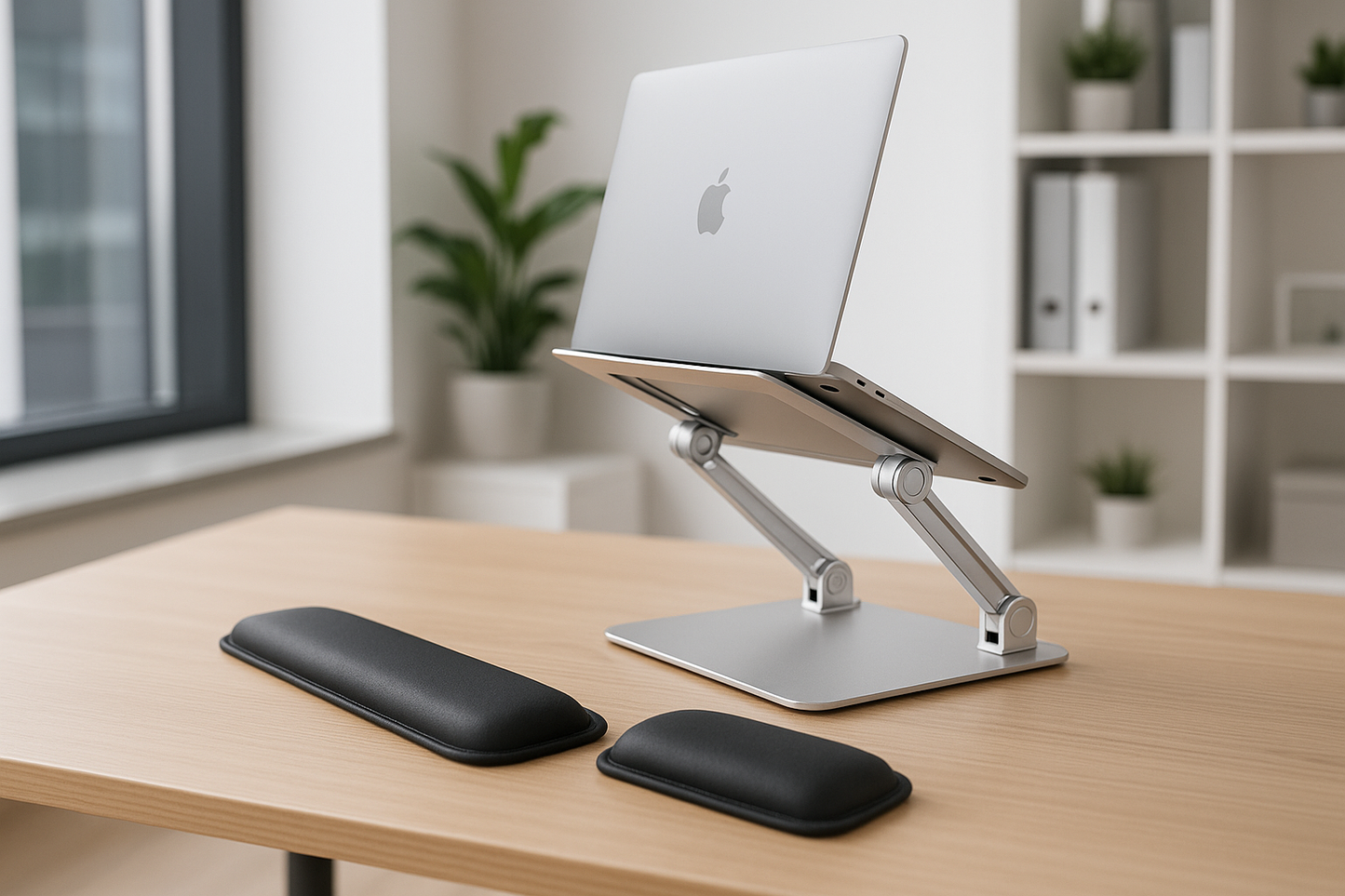 silver aluminium adjustable laptop stand on desk with ergonomic wrist rest set, realistic product photo, modern office background