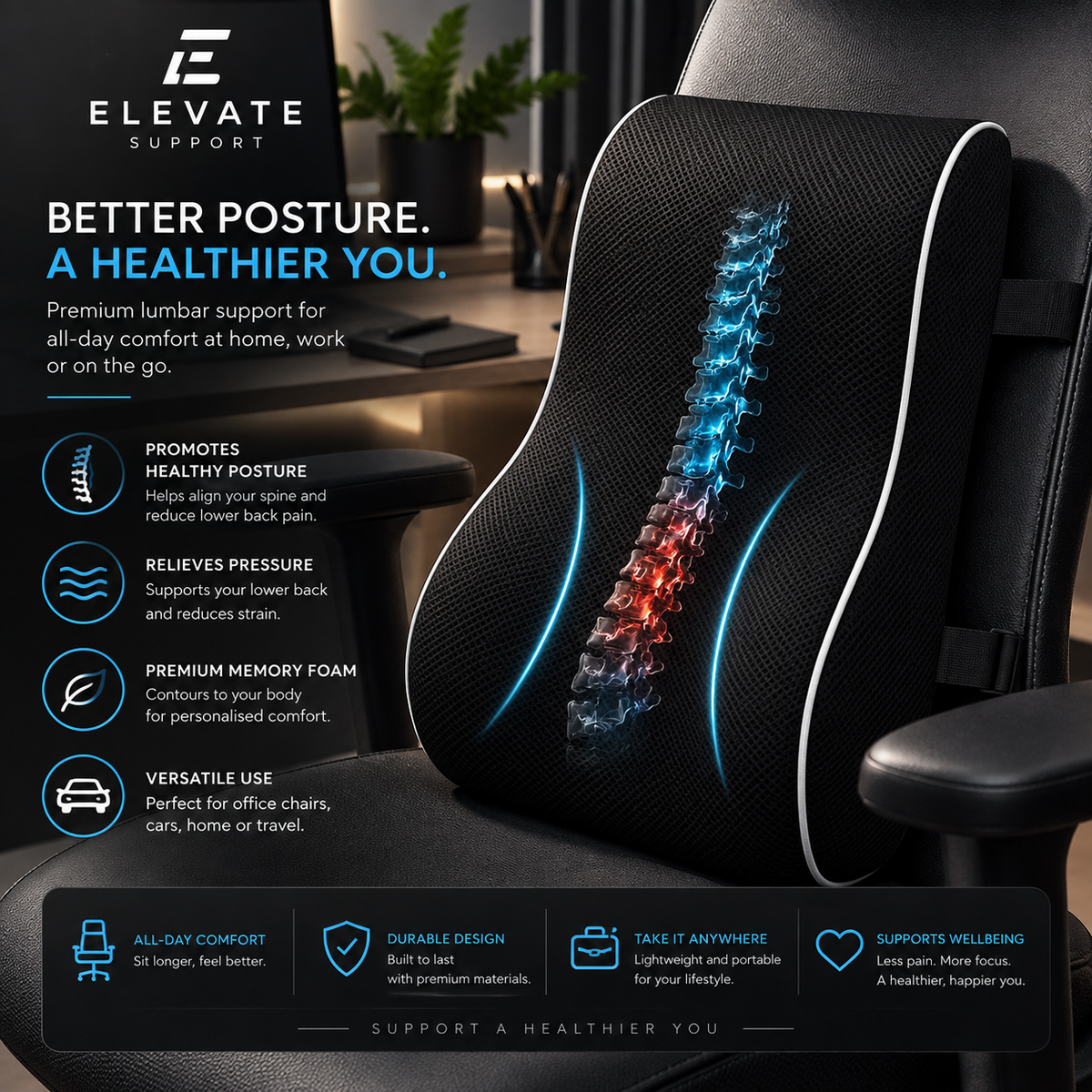 Ergonomic Lumbar Support Cushion for Office Chair & Car