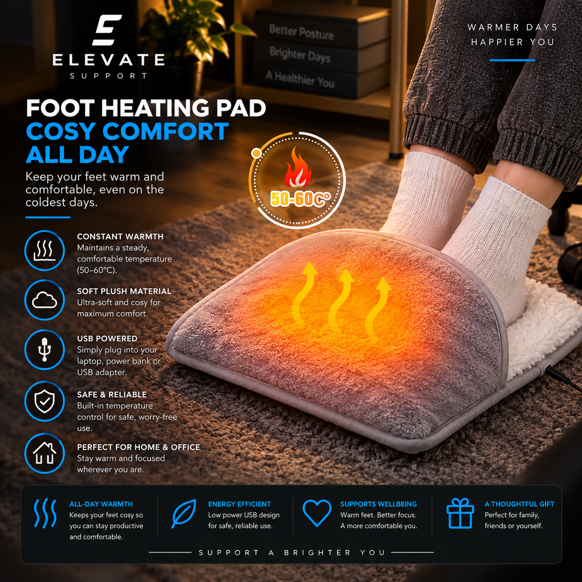 Elevate Support™ USB Heated Foot Warmer – Soft Plush Foot Heater