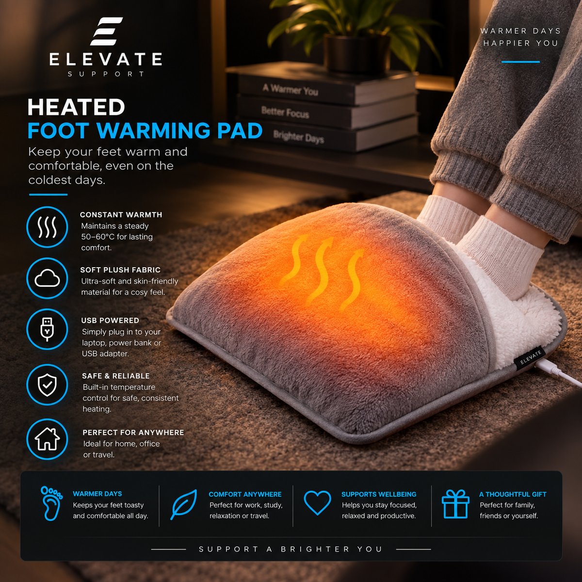 Elevate Support™ USB Heated Foot Warmer – Soft Plush Foot Heater