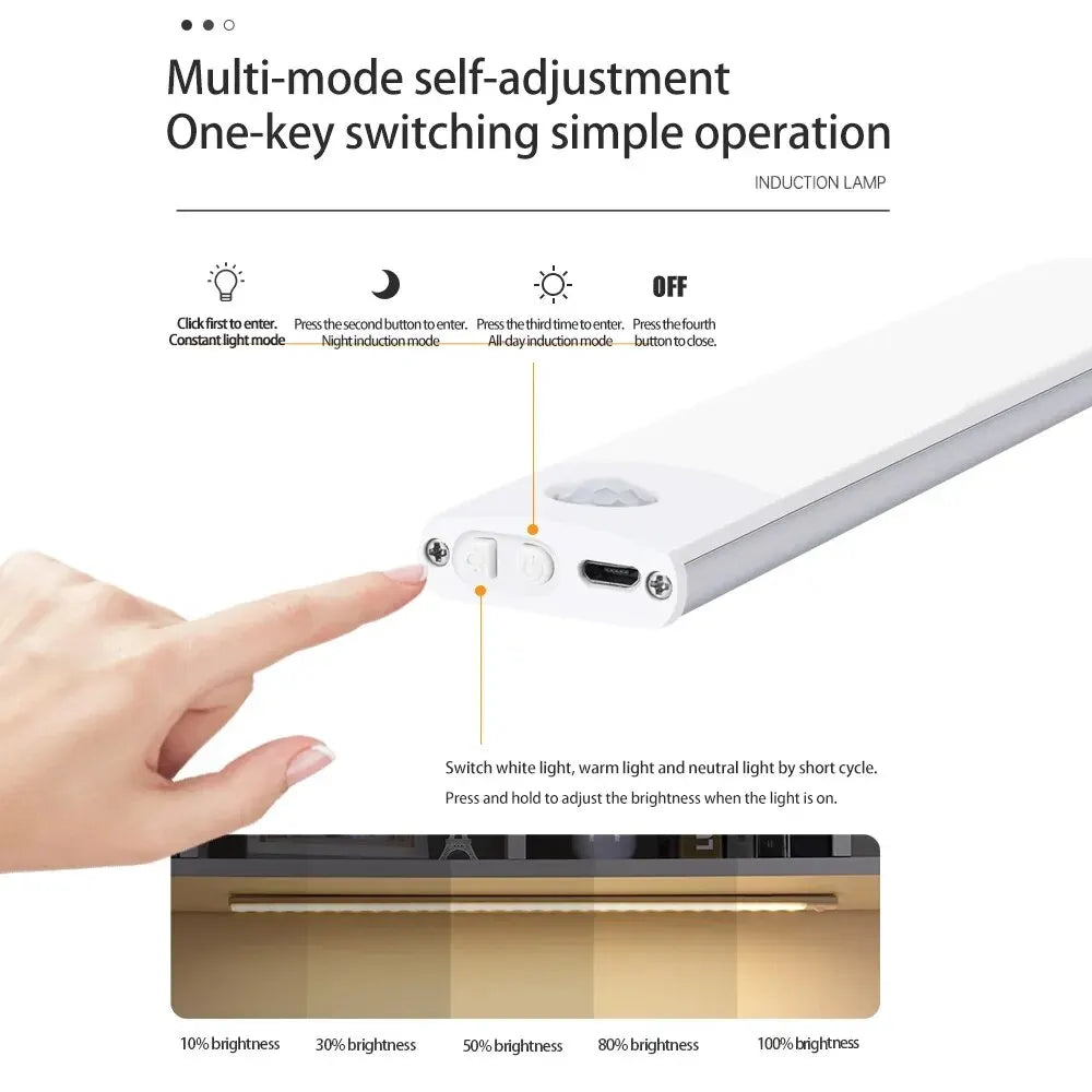 Rechargeable Motion Sensor LED Light Bar – Wireless Under-Cabinet & Desk Lighting (USB-C, Adjustable Brightness)