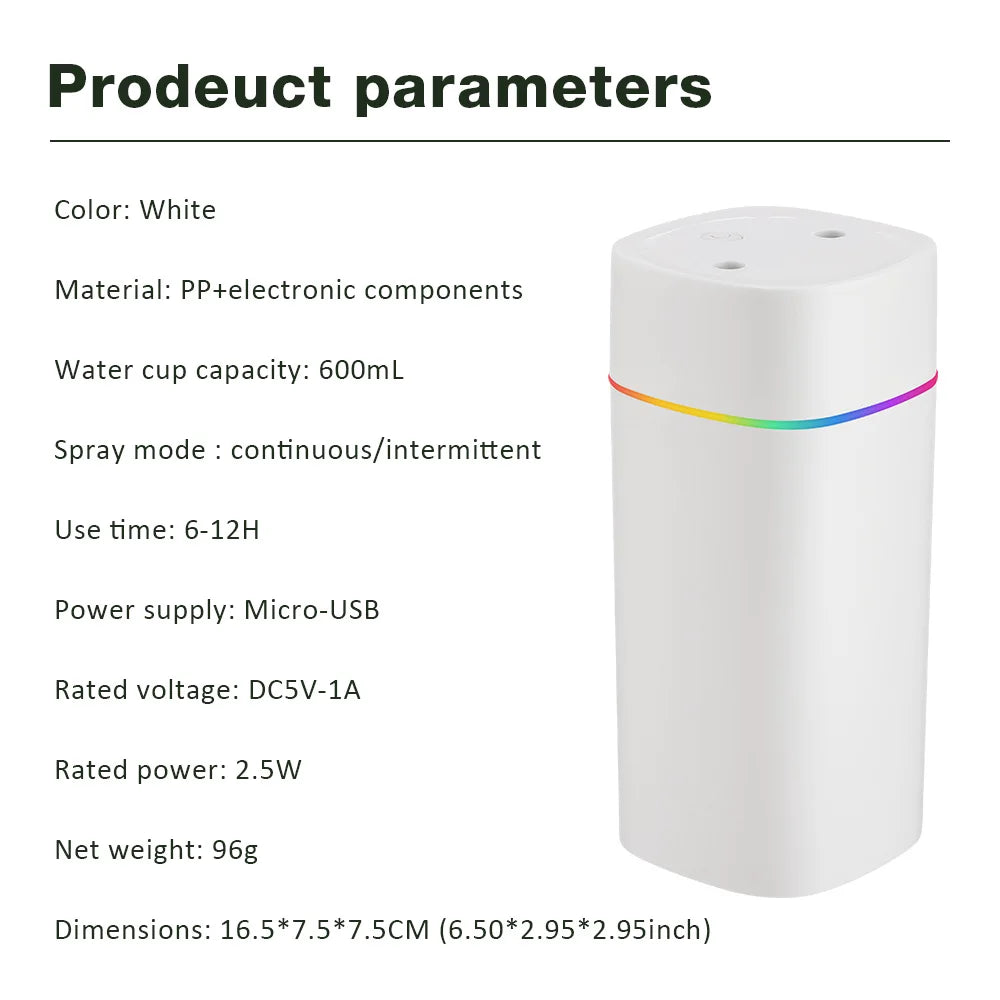 USB Cool Mist Humidifier 600ml – Portable Air Diffuser with Colorful Night Light | Elevate Support