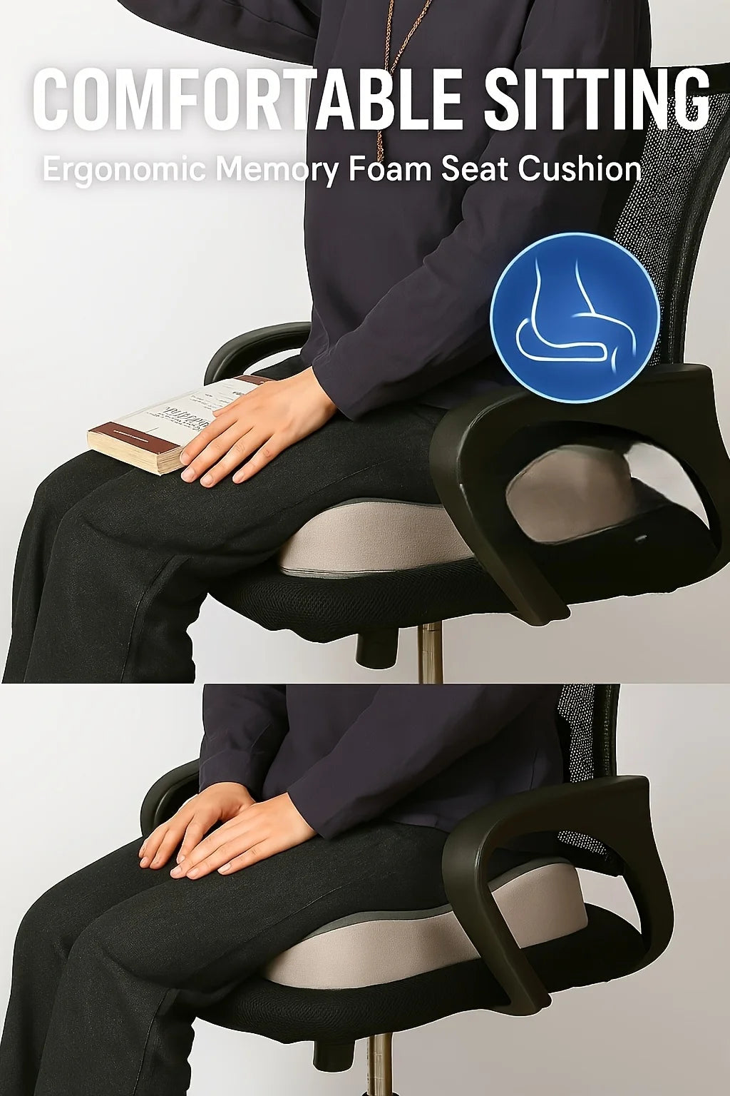 Memory foam seat cushion, with a central groove ergonomic pressure pad