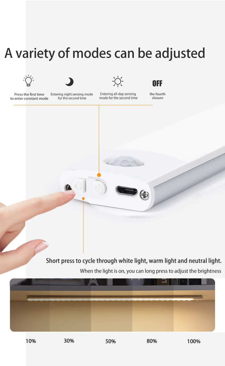 Rechargeable Motion Sensor LED Light Bar – Wireless Under-Cabinet & Desk Lighting (USB-C, Adjustable Brightness)