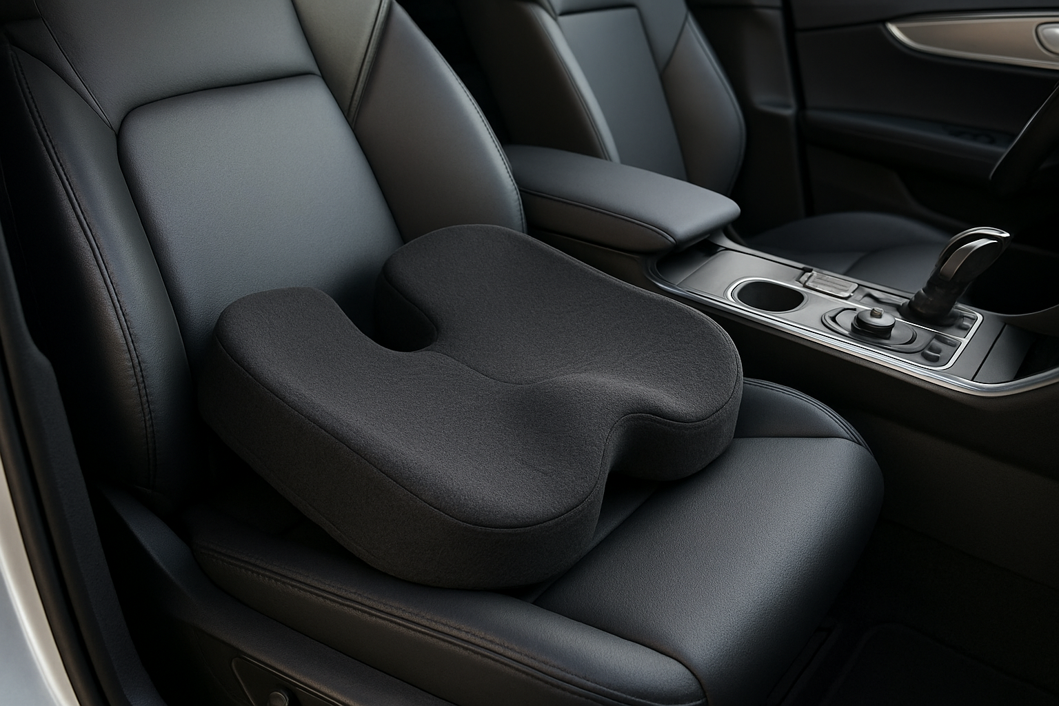 Black ergonomic memory foam seat cushion on the driver’s seat of a modern car interior