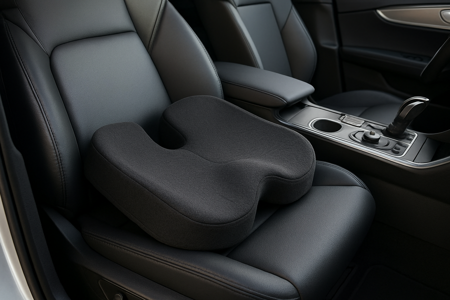 Black ergonomic memory foam seat cushion on the driver’s seat of a modern car interior