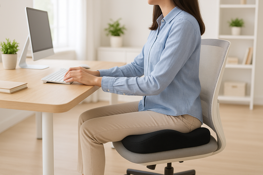 Black ergonomic memory foam seat cushion placed on an office chair, person sitting at a desk, bright home office background.