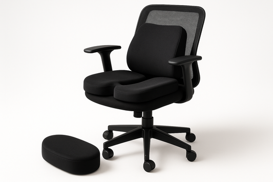 Black memory foam seat cushion on office chair with matching lumbar support pillow and a small oval footrest, realistic product photo