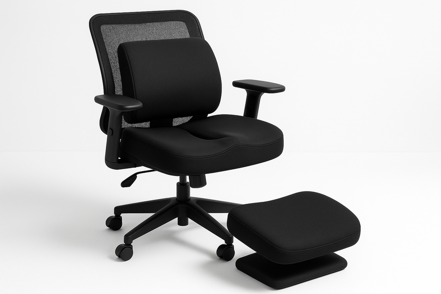 Black memory foam seat cushion on office chair with matching lumbar support pillow and footrest, realistic product photo