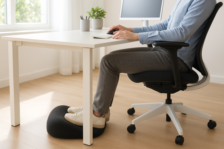 Modern office desk setup, person sitting in ergonomic chair with feet resting on a black teardrop-shaped memory foam footrest under the desk. Bright natural daylight, realistic photo, clean style, no text or branding.