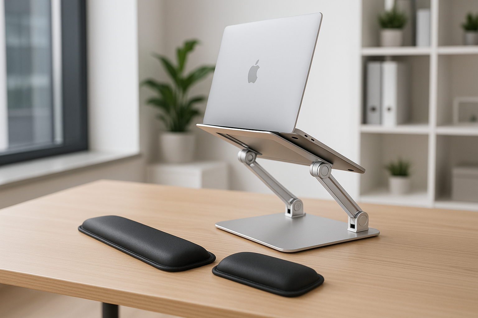 silver aluminium adjustable laptop stand on desk with ergonomic wrist rest set, realistic product photo, modern office background