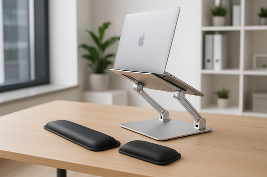 silver aluminium adjustable laptop stand on desk with ergonomic wrist rest set, realistic product photo, modern office background