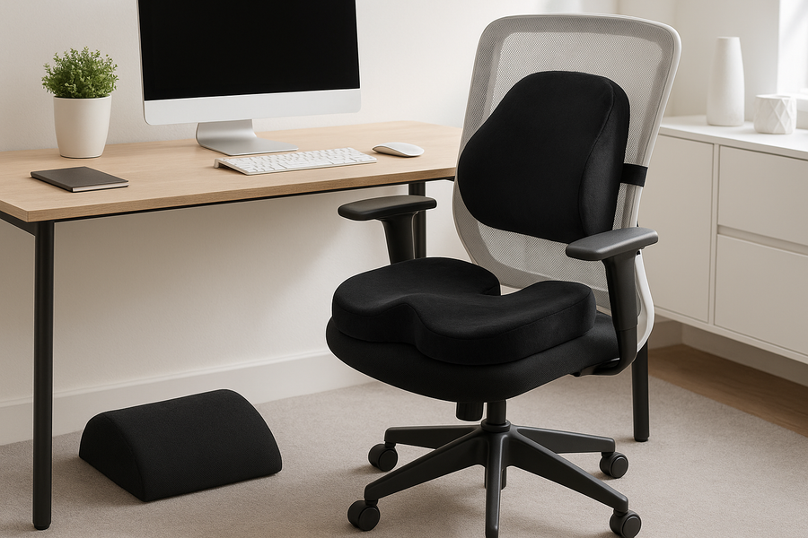 Wide banner photo, modern desk setup with black memory foam seat cushion, lumbar pillow, and footrest , clean office background, realistic photo